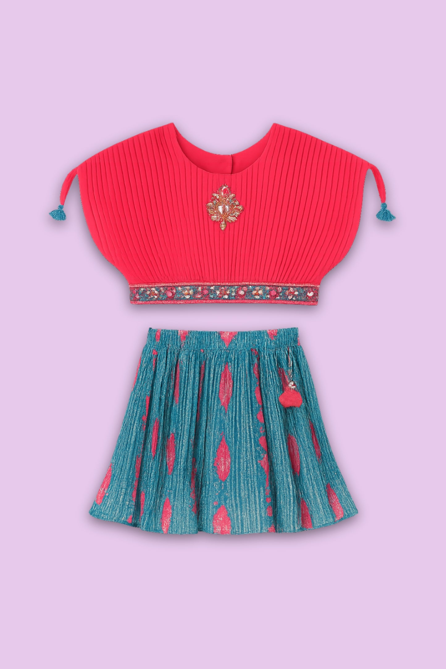 Pink and Teal Ethnic Top & Skirt Set