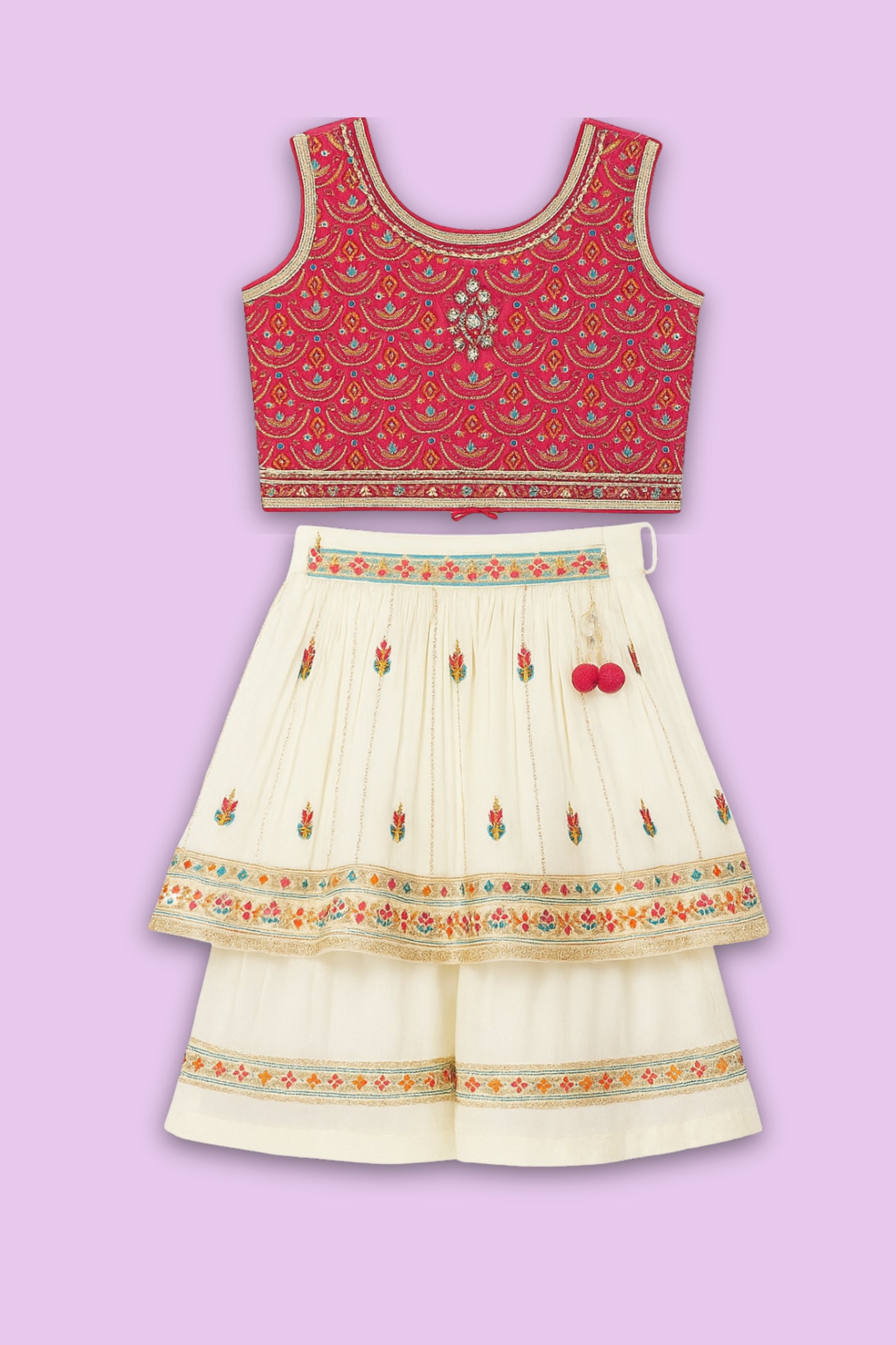 Pink & Off-White Traditional Top & Skirt Set
