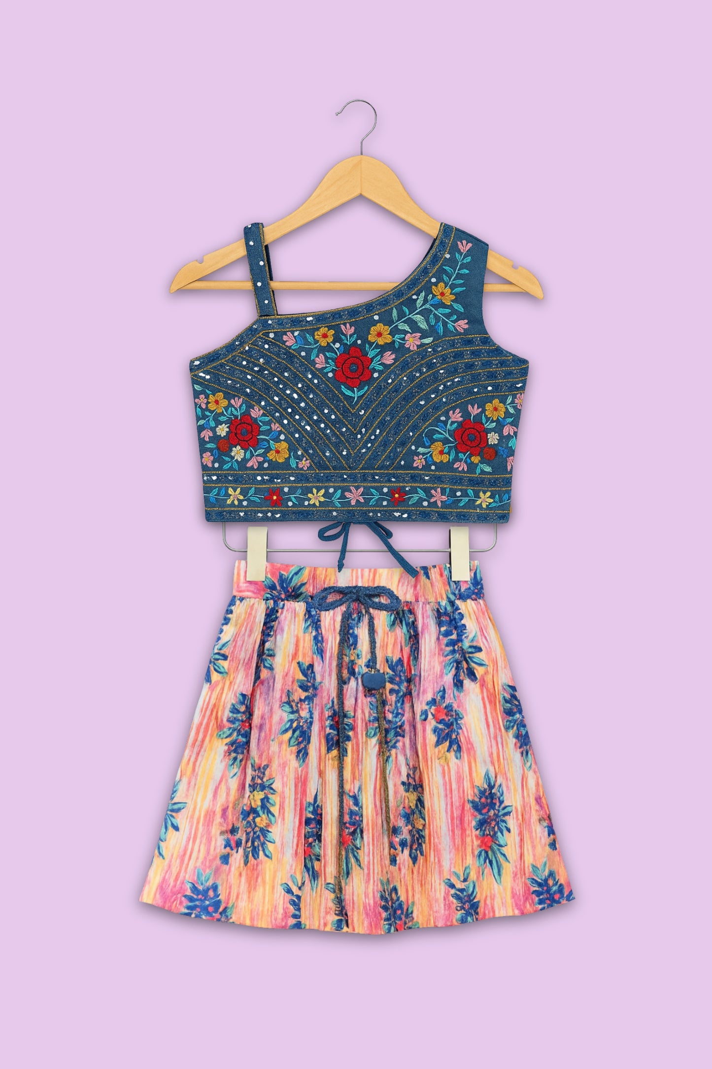 Blue & Multicolor Festive Top & Skirt Set