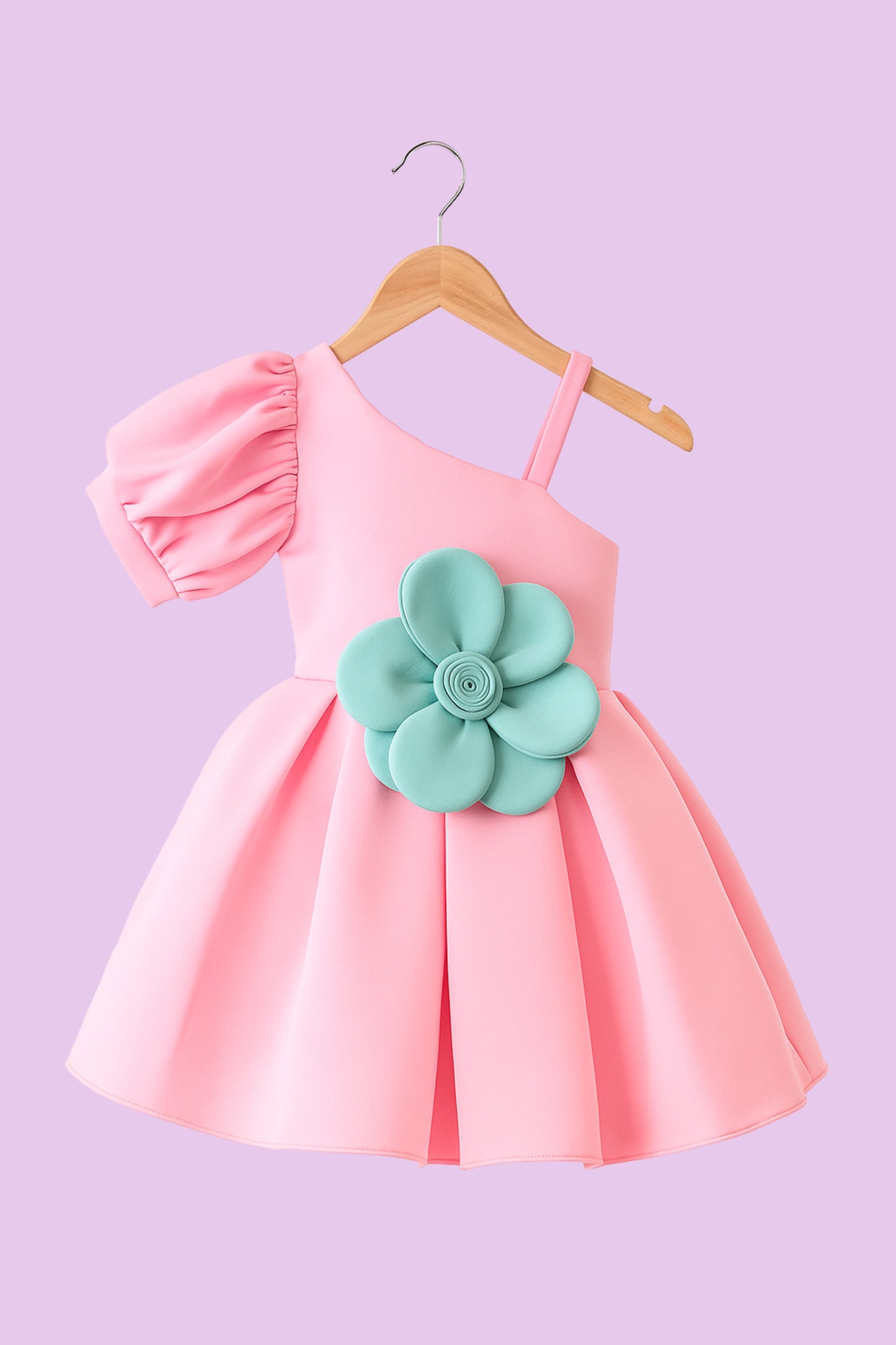 Pink One-Shoulder Party Frock with 3D Floral Detail