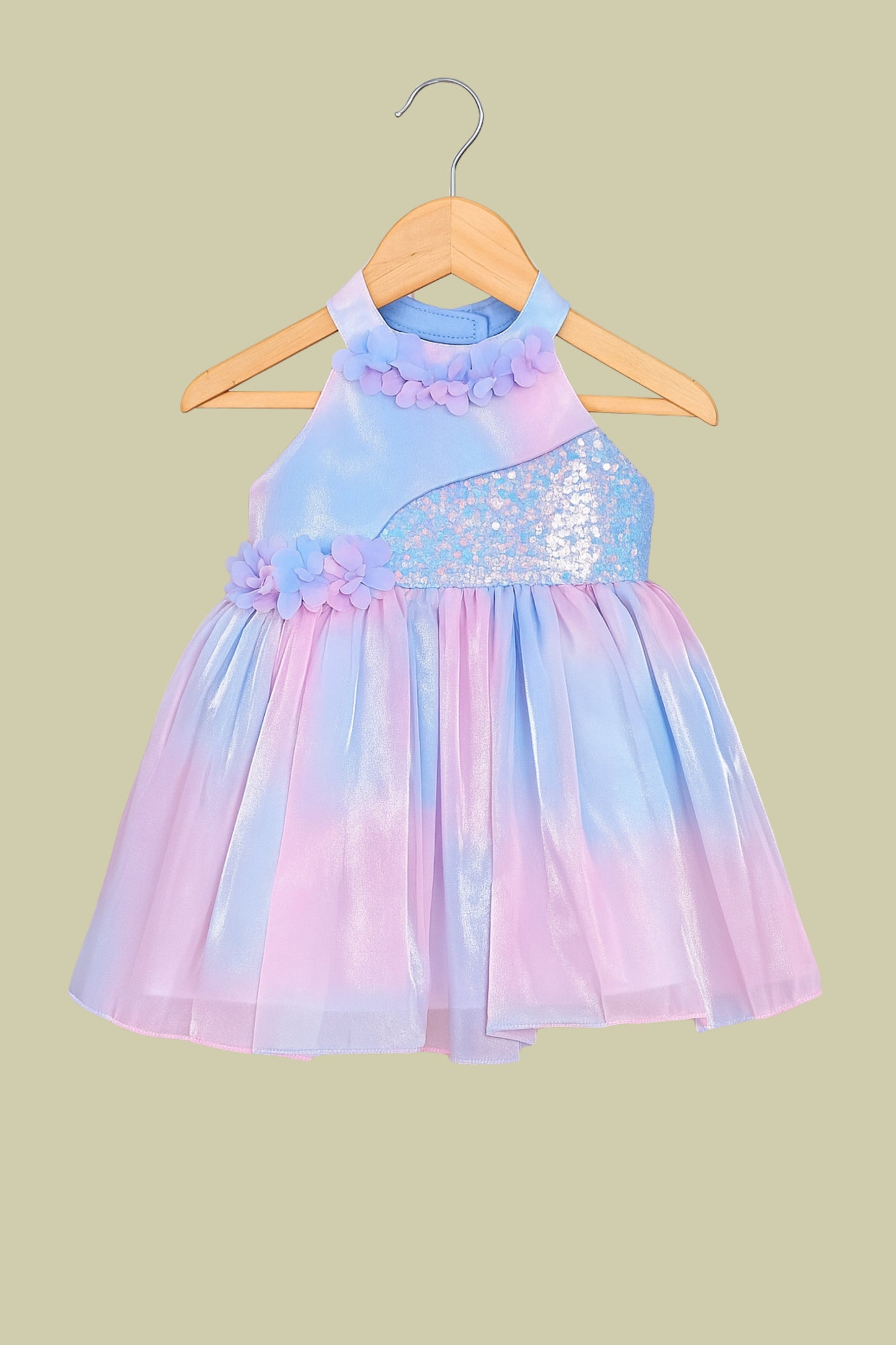 Iridescent Pastel Sequin Frock with Floral Accents