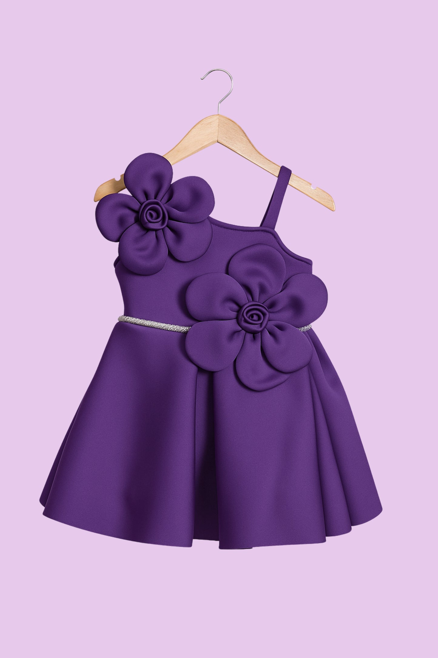 Elegant Purple One-Shoulder Party Frock with 3D Flower Appliqué