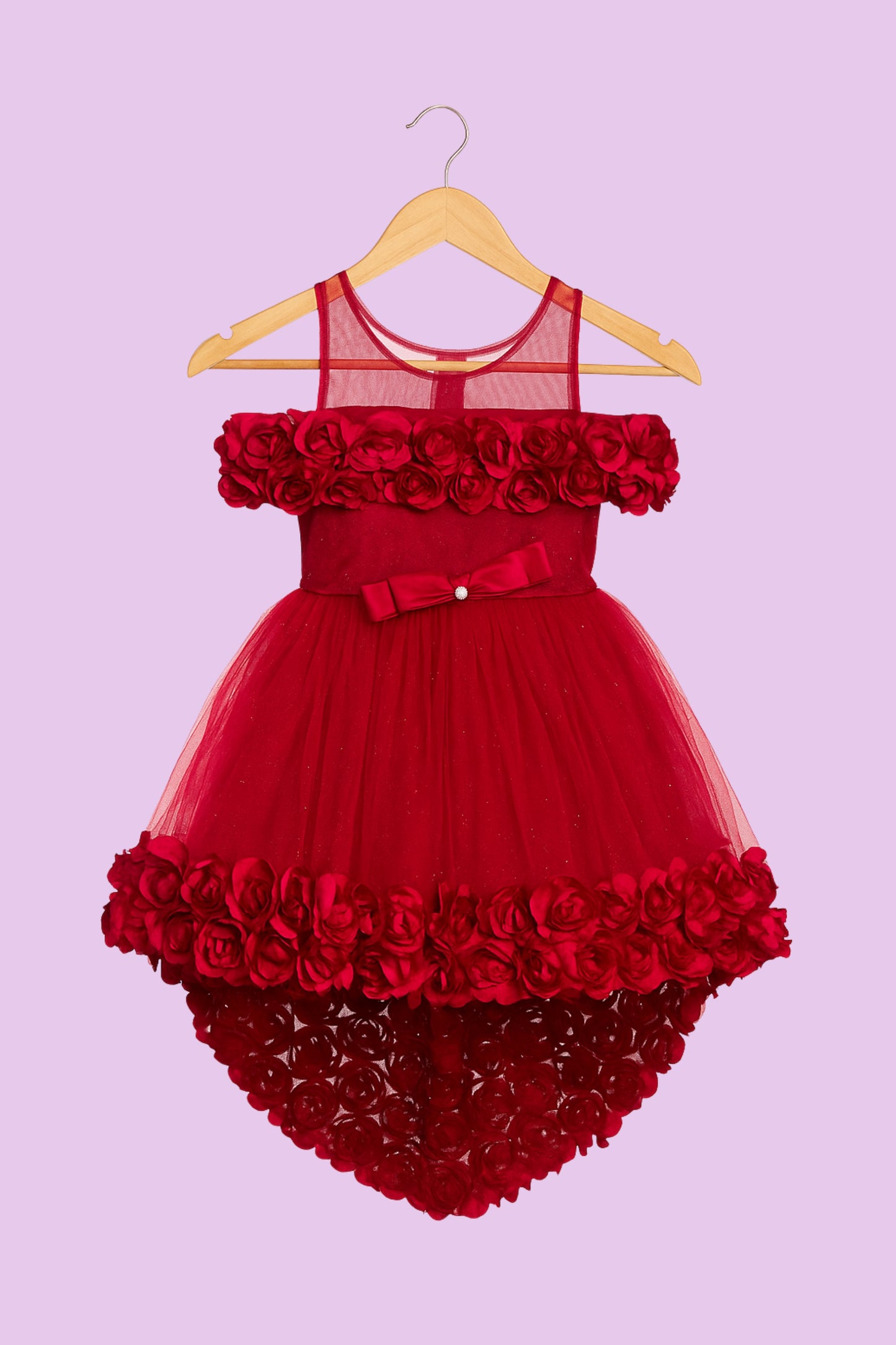 Rose Embellished High-Low Party Frock in Deep Pink