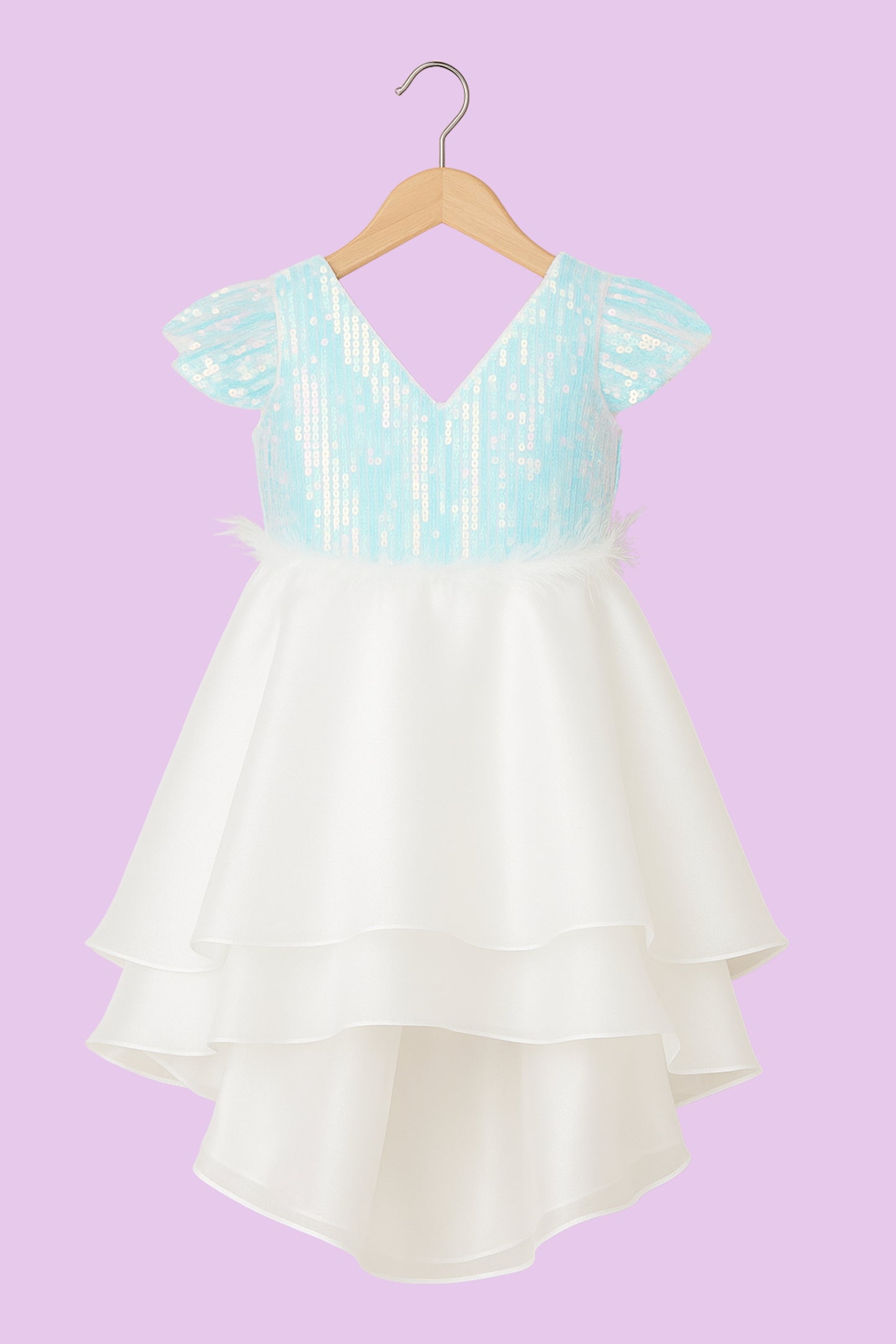 Iridescent Sequin and Feather Trim High-Low Party Dress