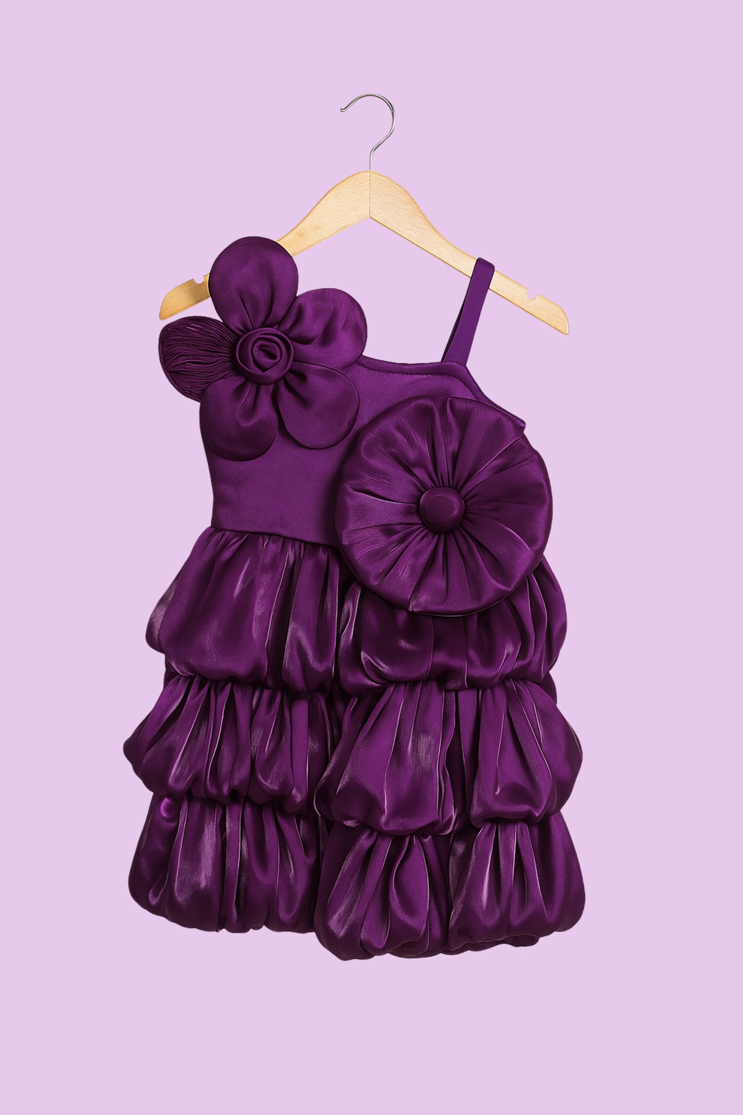 Rich Purple Satin Party Frock with Dramatic Floral Accent