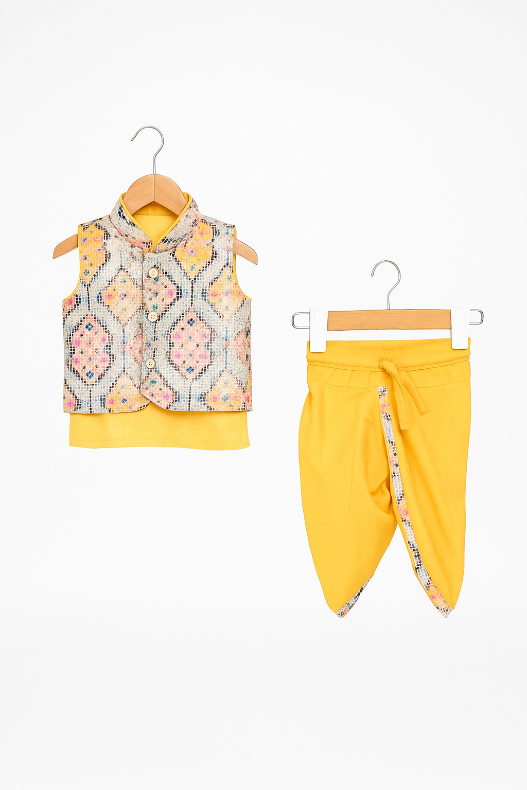 Festive Glow – Boys’ Yellow Dhoti & Printed Jacket Set