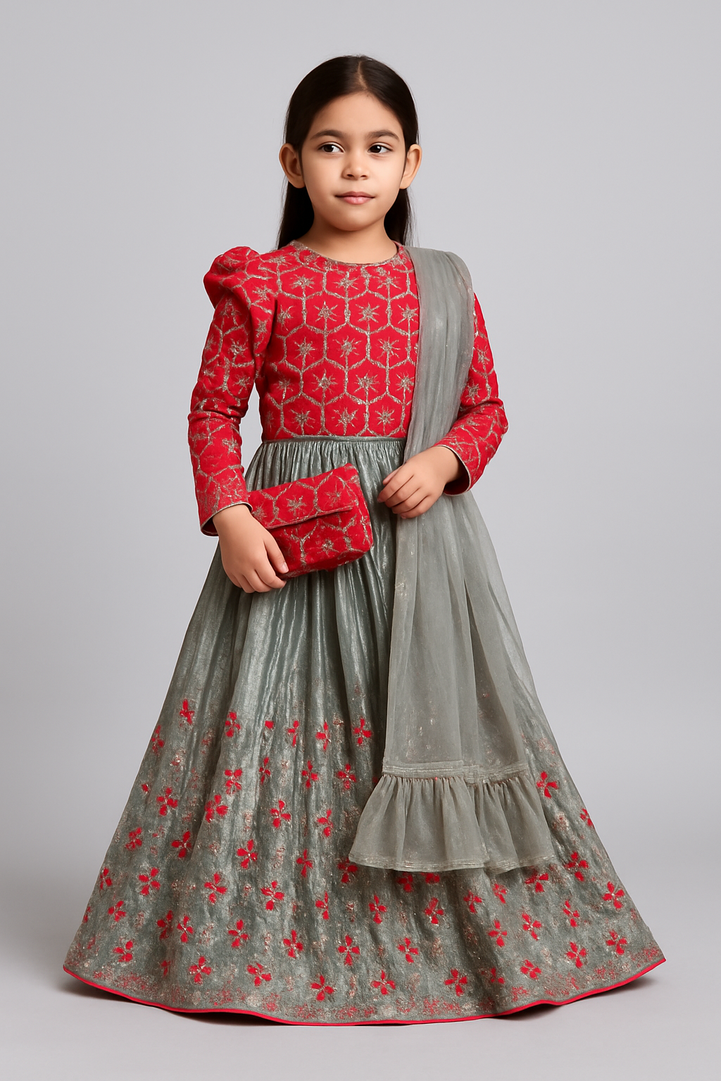 Red and Grey Embroidered Gagra Choli Set