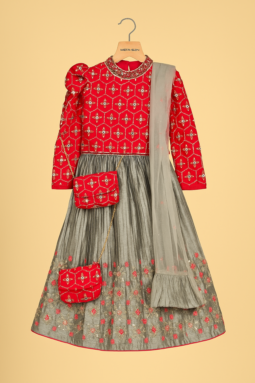 Red and Grey Embroidered Gagra Choli Set