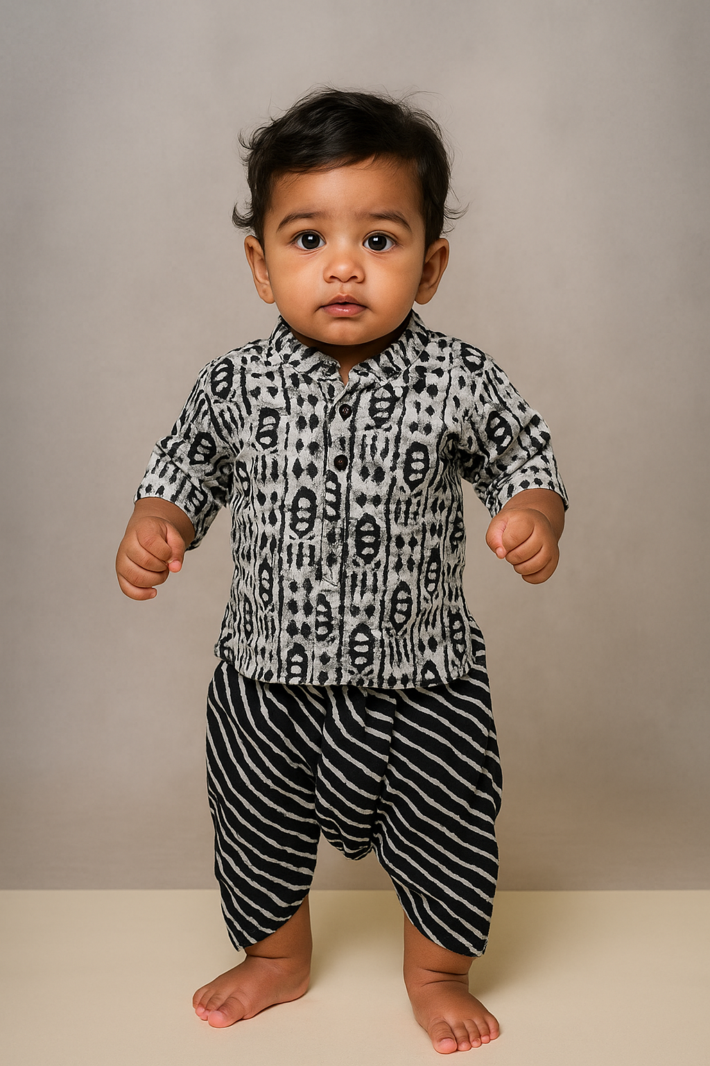 Ethnic Elegance – Boys’ Black & White Printed Dhoti Set