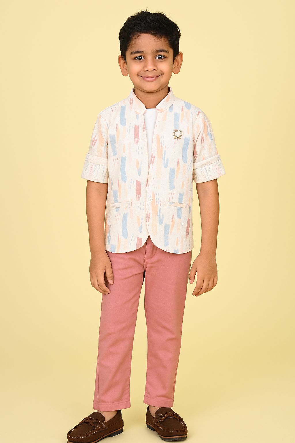 Chic & Festive – Boys’ Printed Blazer-Style Shirt and Pant Set
