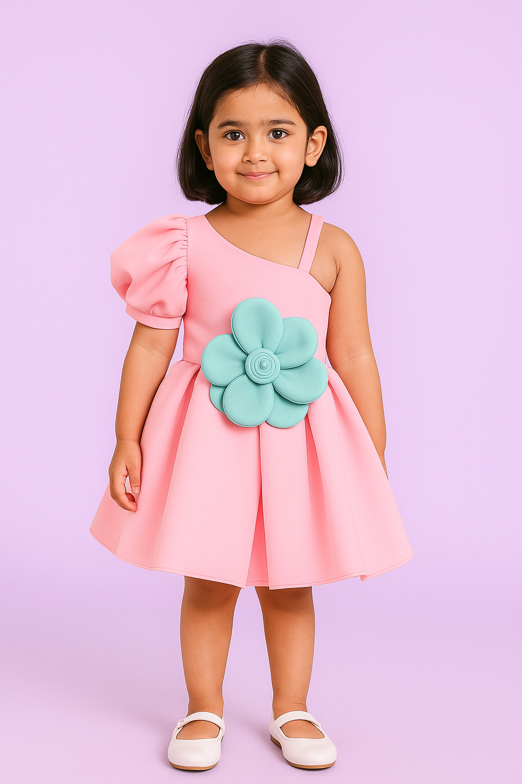 Pink One-Shoulder Party Frock with 3D Floral Detail