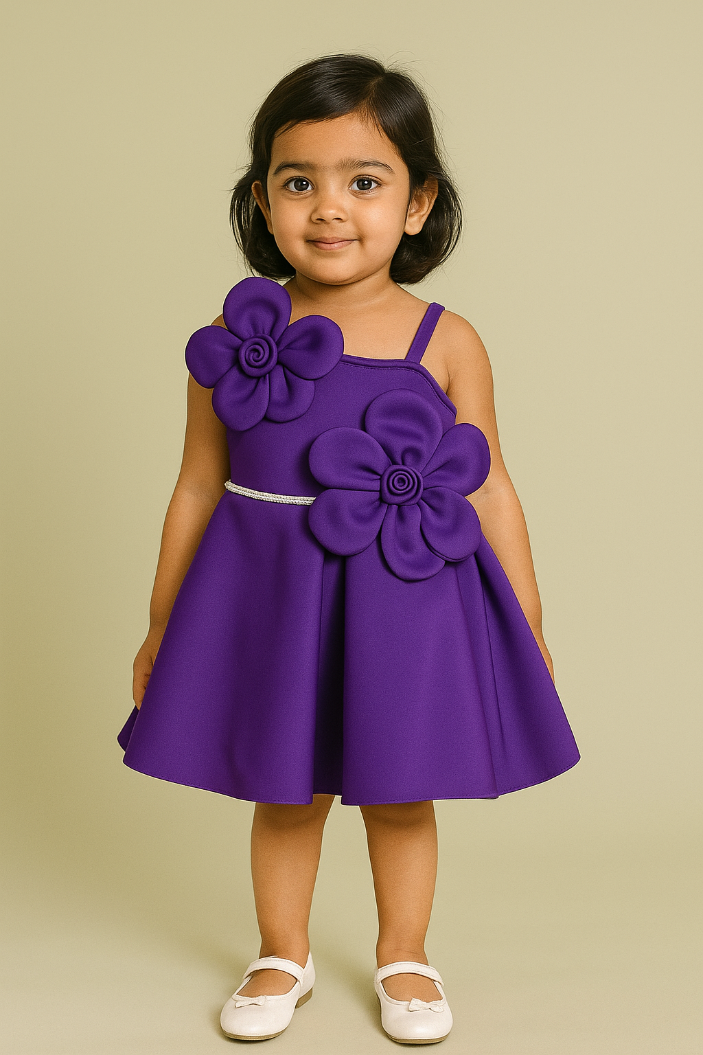 Elegant Purple One-Shoulder Party Frock with 3D Flower Appliqué