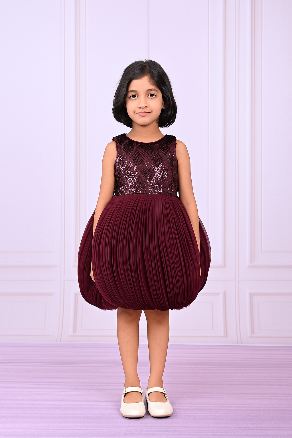 Maroon Sequin Balloon Party Dress for Girls