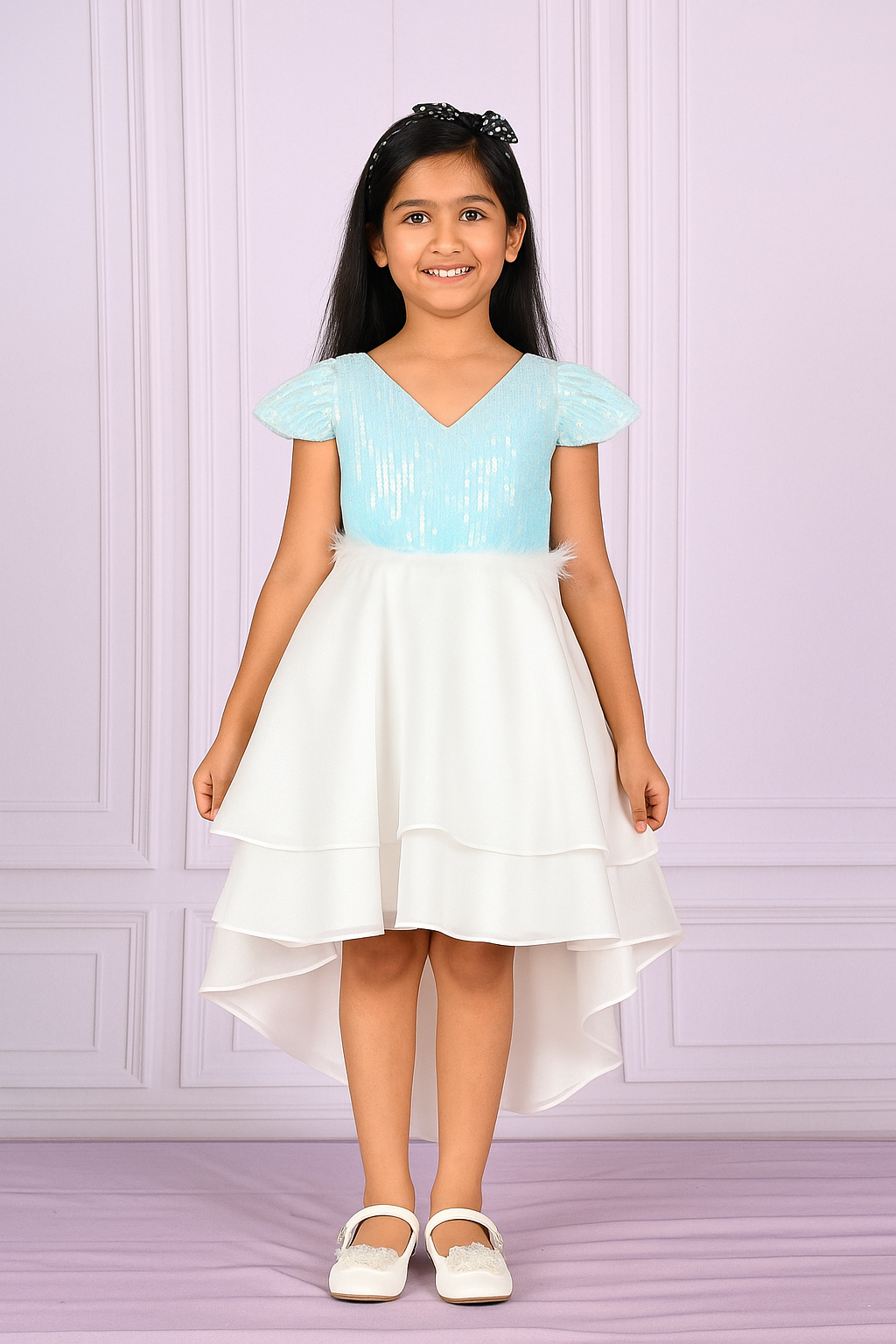 Iridescent Sequin and Feather Trim High-Low Party Dress