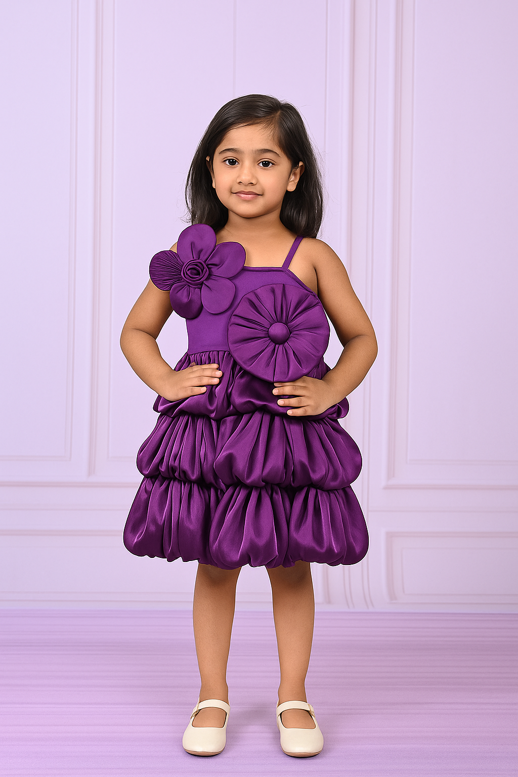 Rich Purple Satin Party Frock with Dramatic Floral Accent