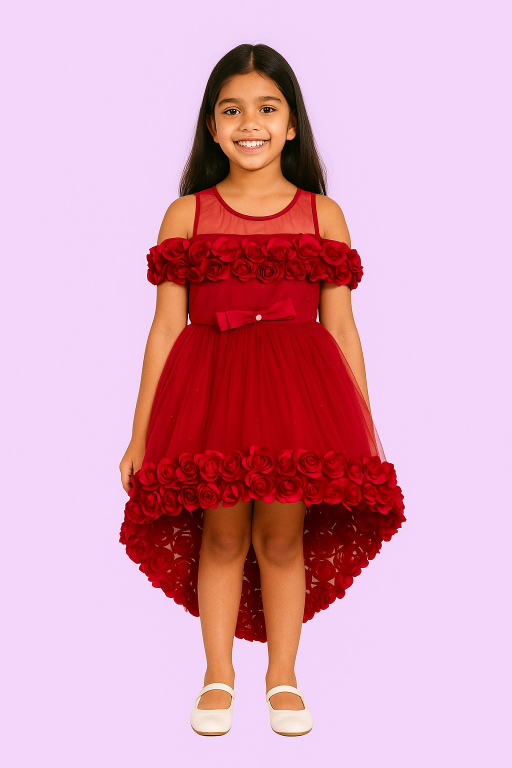 Rose Embellished High-Low Party Frock in Deep Pink