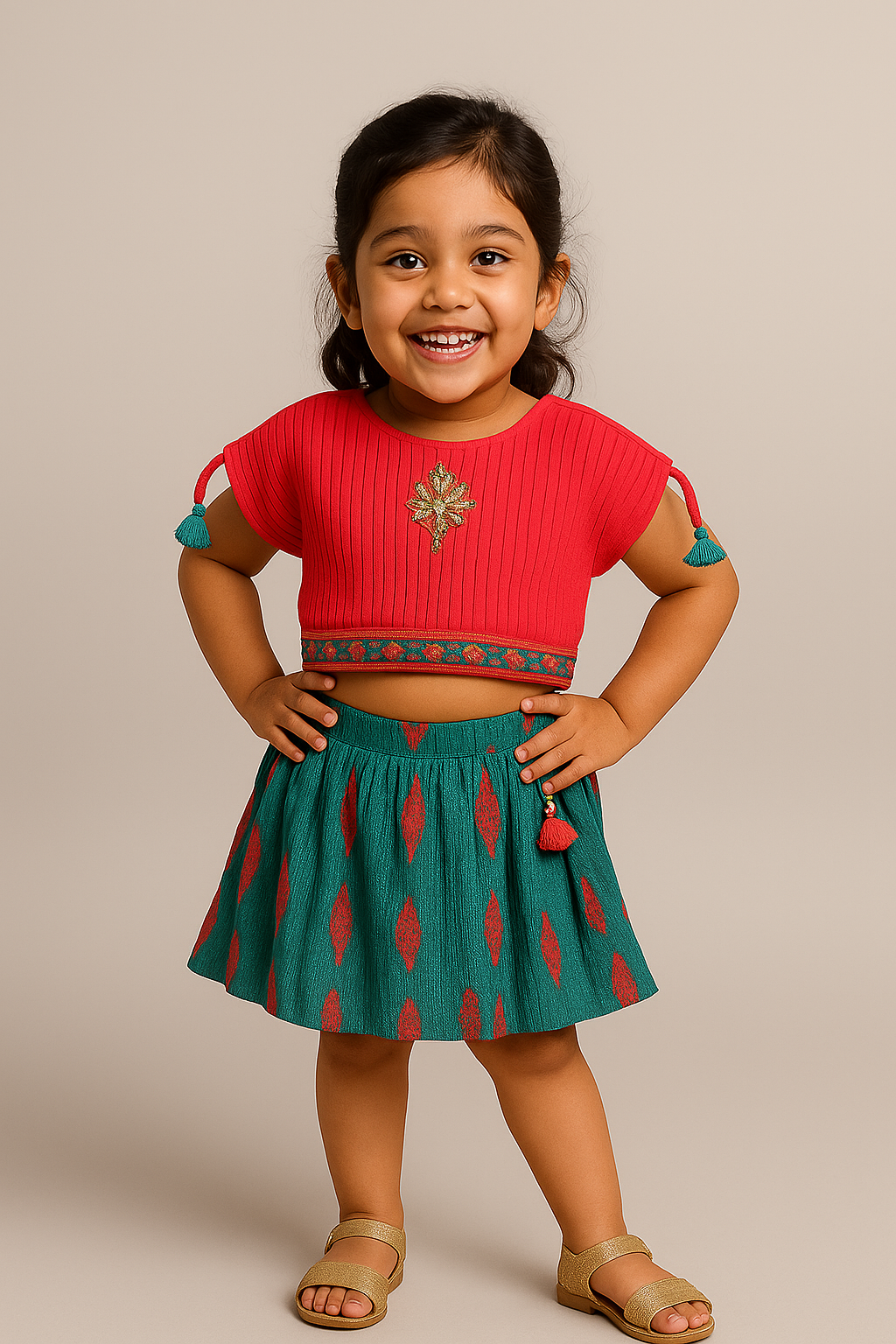 Pink and Teal Ethnic Top & Skirt Set