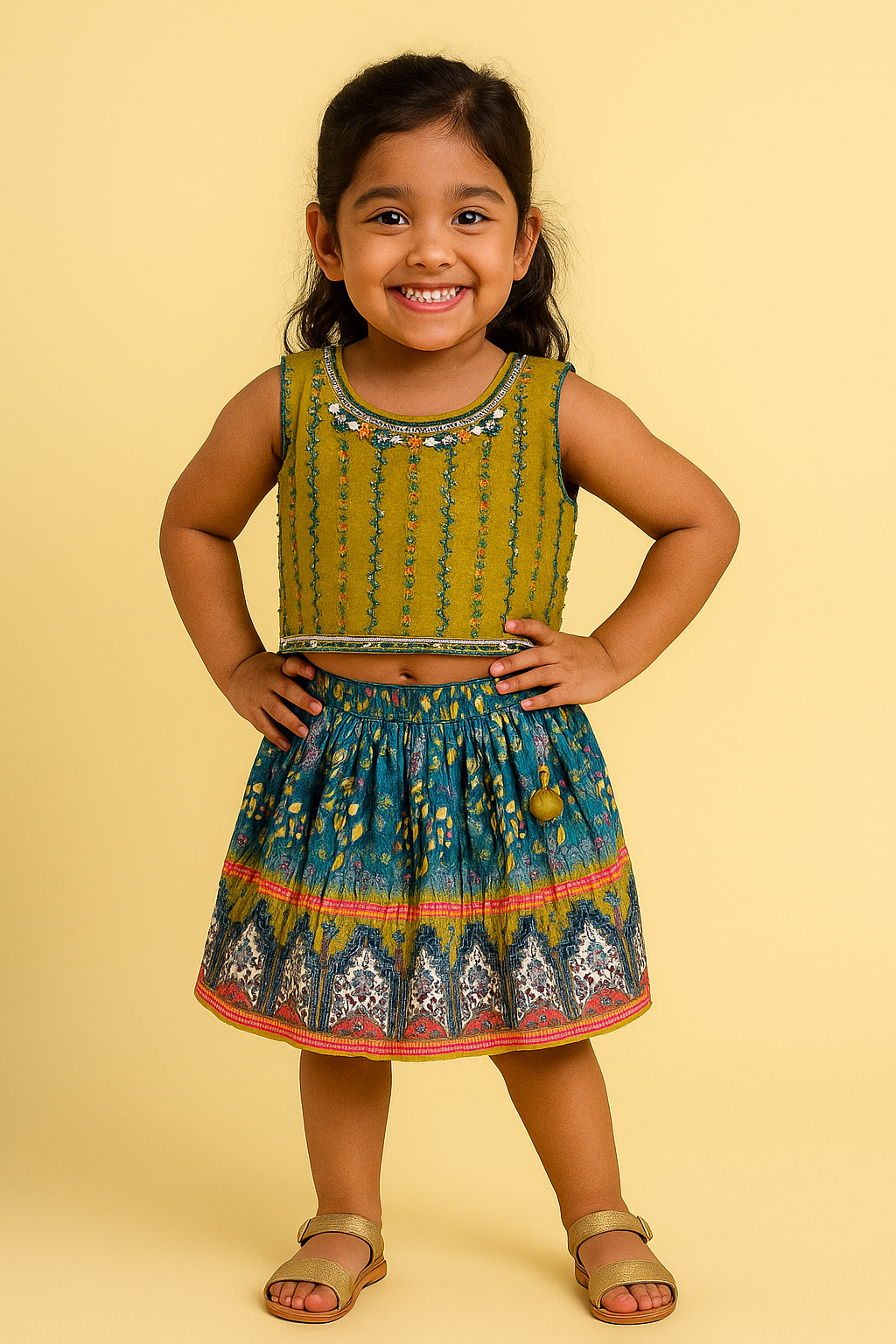 Green & Multicolor Festive Top & Skirt Set