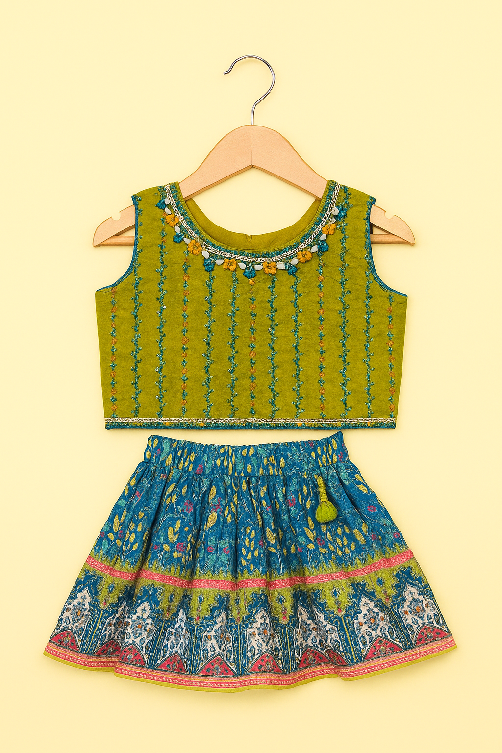 Green & Multicolor Festive Top & Skirt Set
