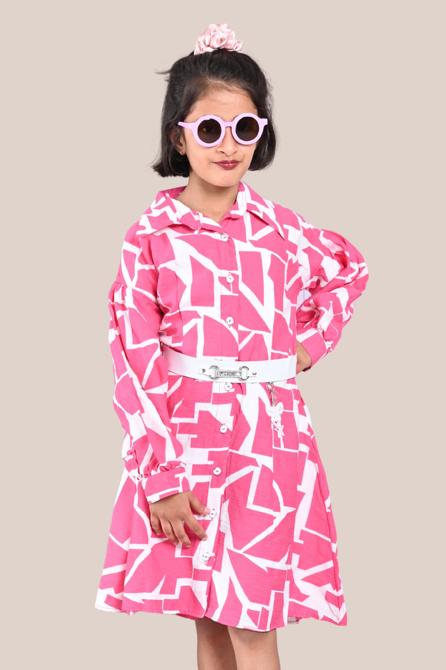 Trendy Pink & White Printed Shirt-Style Frock