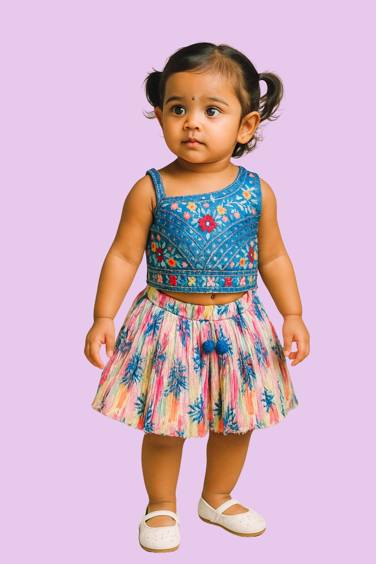 Blue & Multicolor Festive Top & Skirt Set