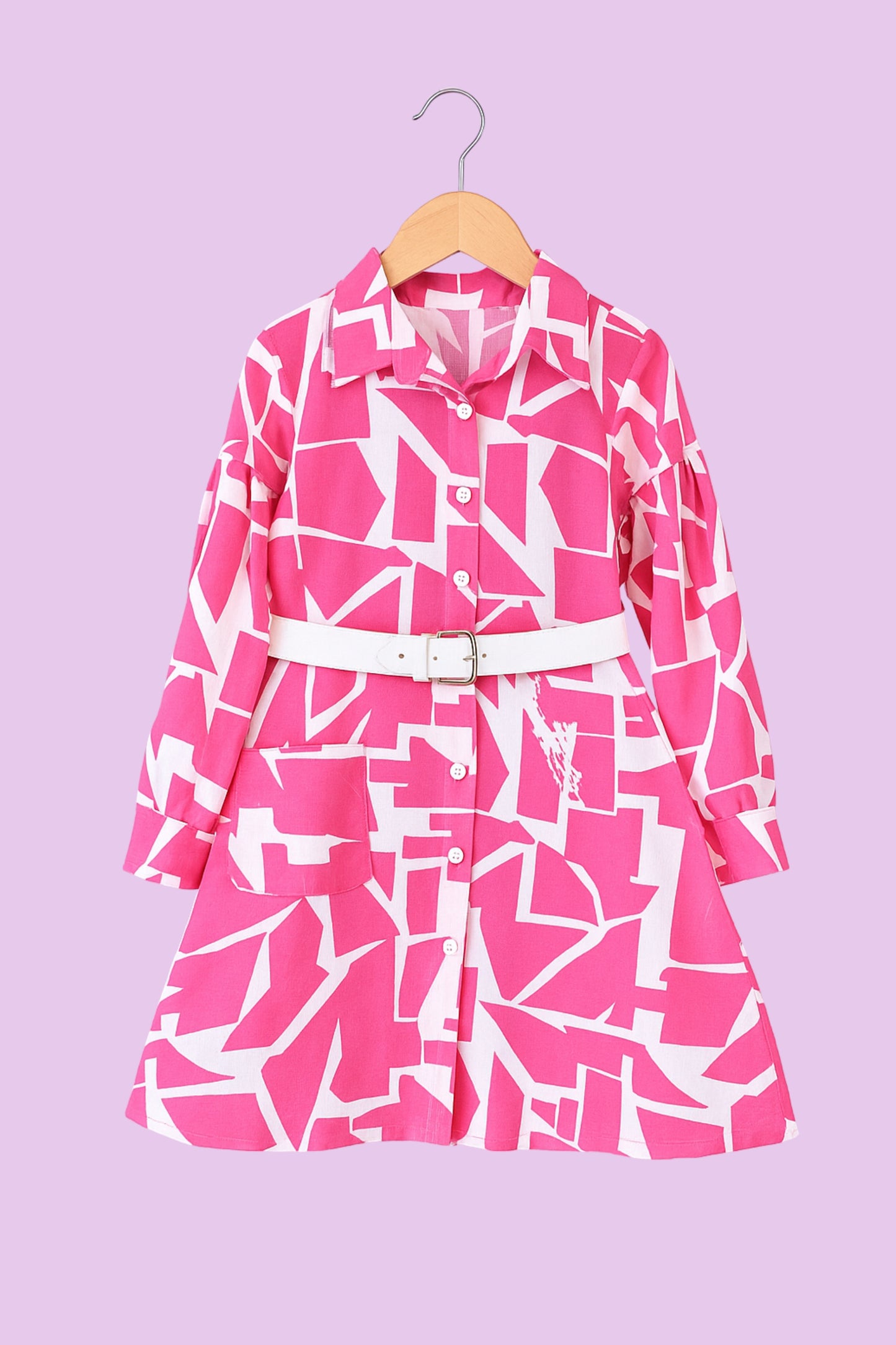 Trendy Pink & White Printed Shirt-Style Frock