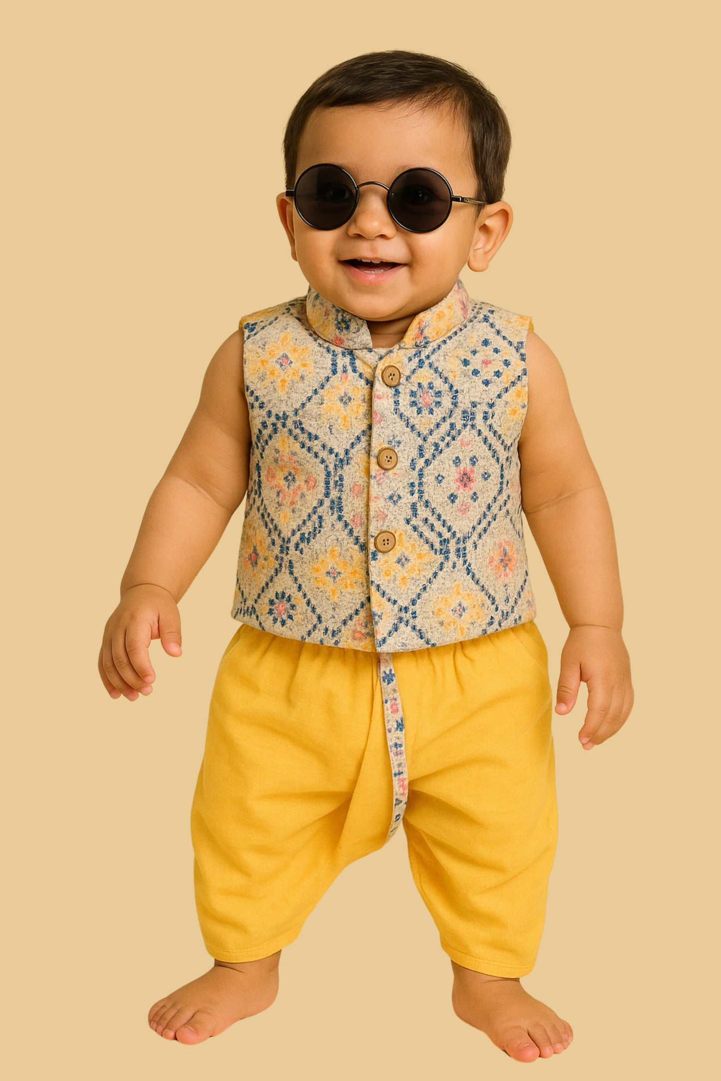 Festive Glow – Boys’ Yellow Dhoti & Printed Jacket Set