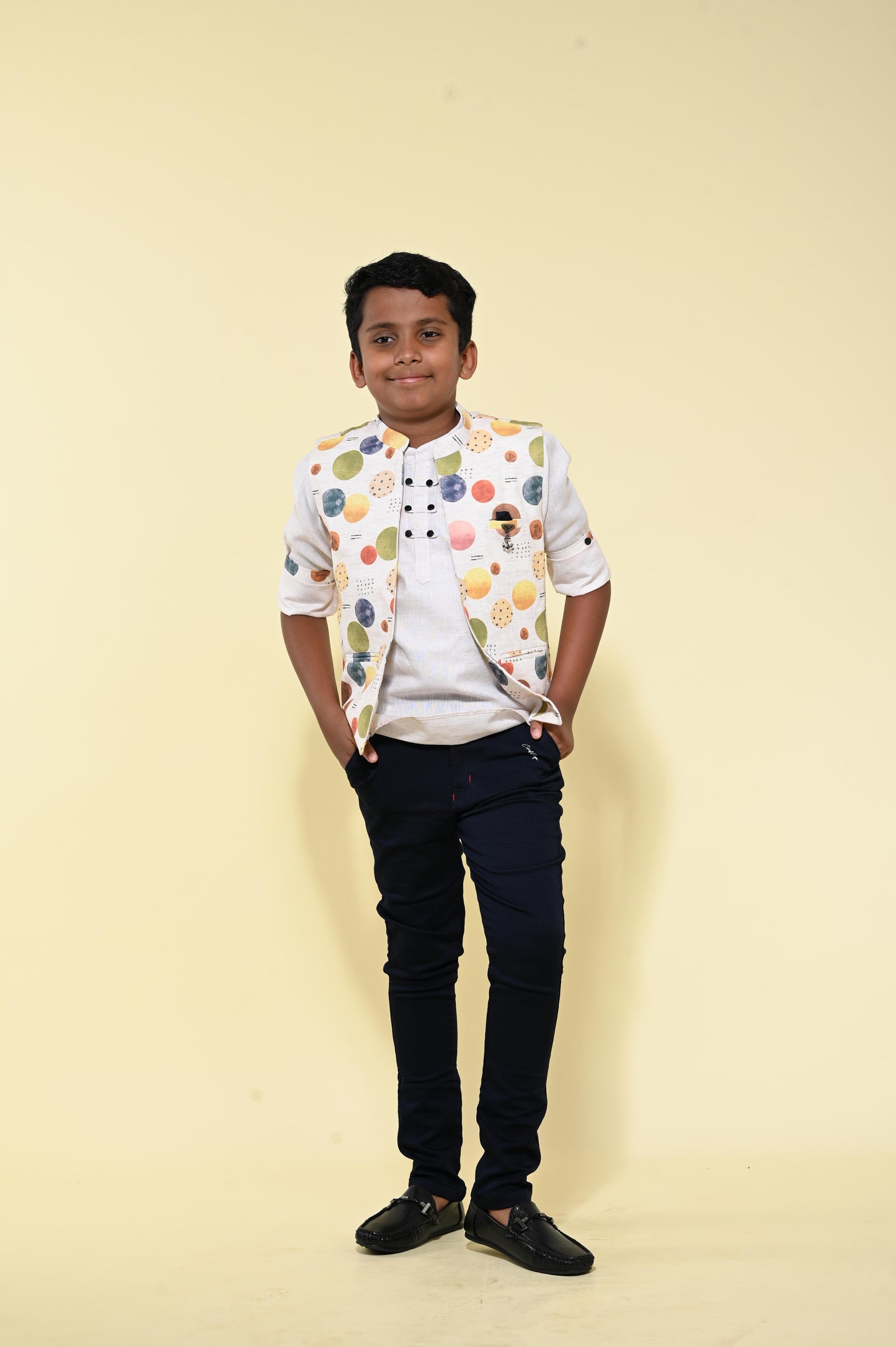 Printed Nehru Jacket & Navy Blue Pant Set