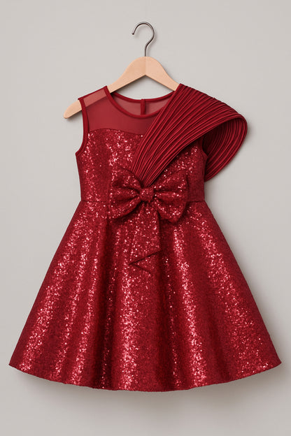 Red Sequin Party Frock with Designer Shoulder Drape