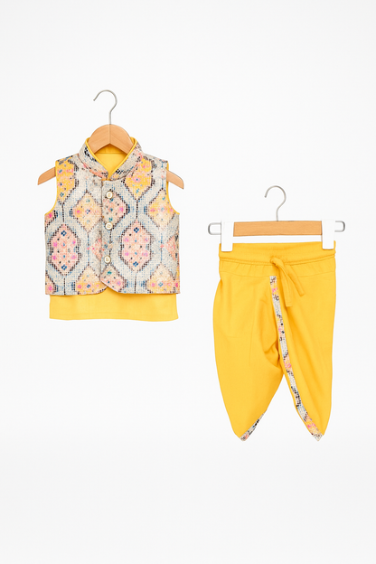 Festive Glow – Boys’ Yellow Dhoti & Printed Jacket Set