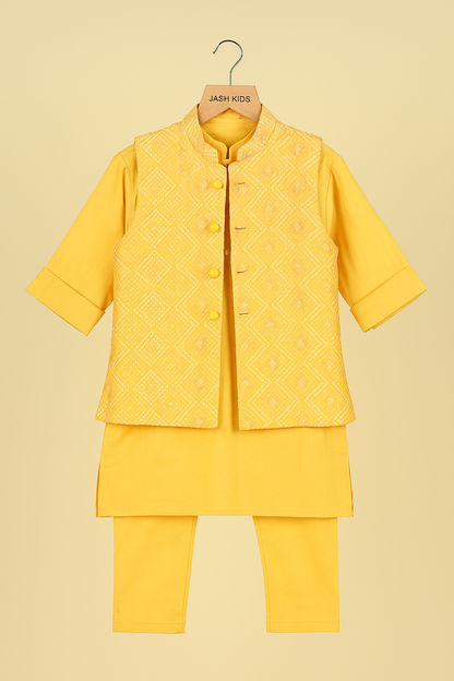 Sunshine Style – Boys’ Yellow Kurta & Jacket Set
