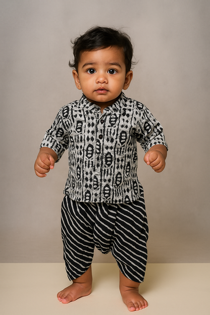 Ethnic Elegance – Boys’ Black & White Printed Dhoti Set