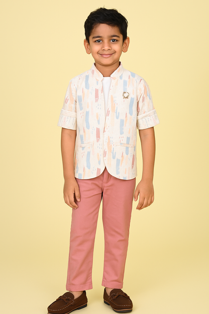 Chic & Festive – Boys’ Printed Blazer-Style Shirt and Pant Set