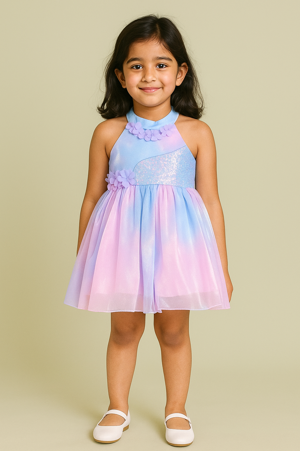 Iridescent Pastel Sequin Frock with Floral Accents