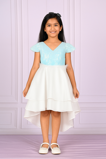 Iridescent Sequin and Feather Trim High-Low Party Dress