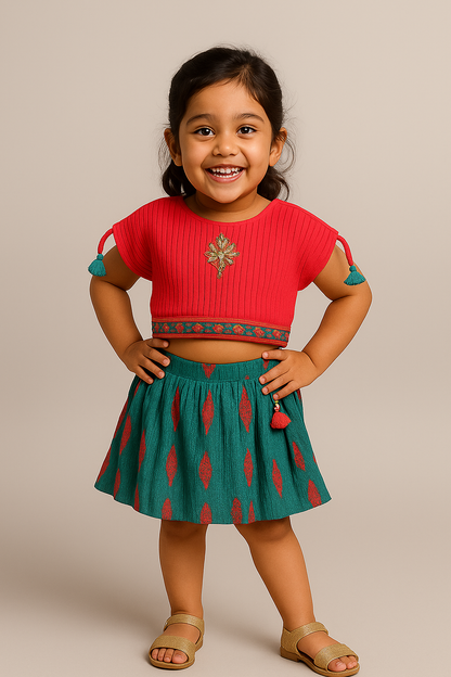 Pink and Teal Ethnic Top & Skirt Set