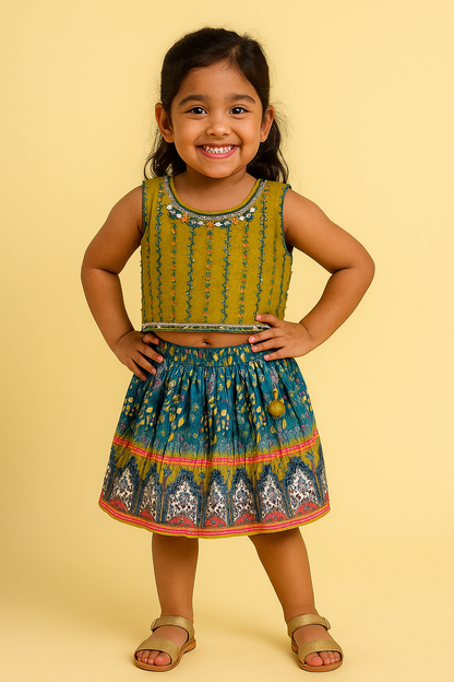 Green & Multicolor Festive Top & Skirt Set