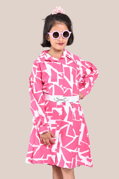 Trendy Pink & White Printed Shirt-Style Frock