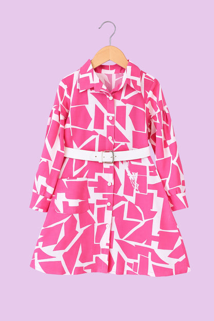 Trendy Pink & White Printed Shirt-Style Frock