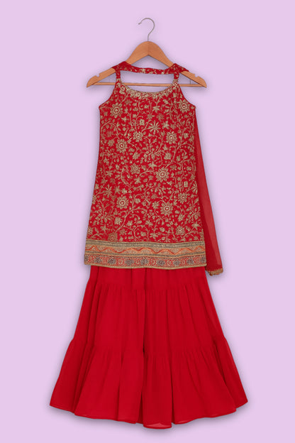 Cherry Red Embroidered Palazzo Set
