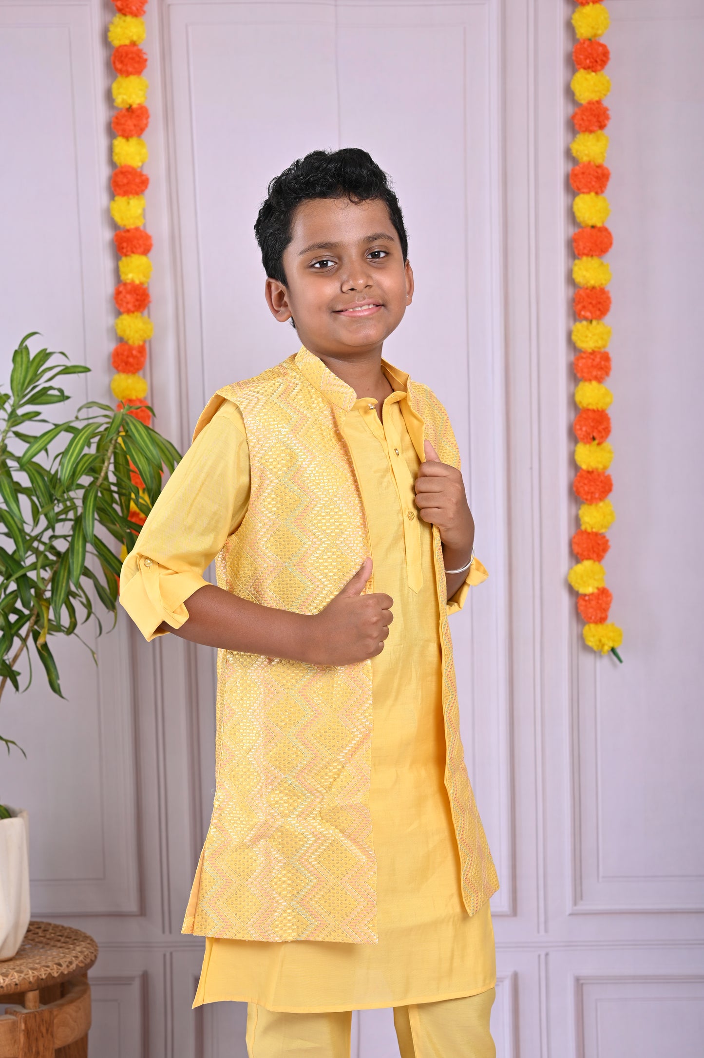 Sunshine Style – Boys’ Yellow Kurta & Jacket Set