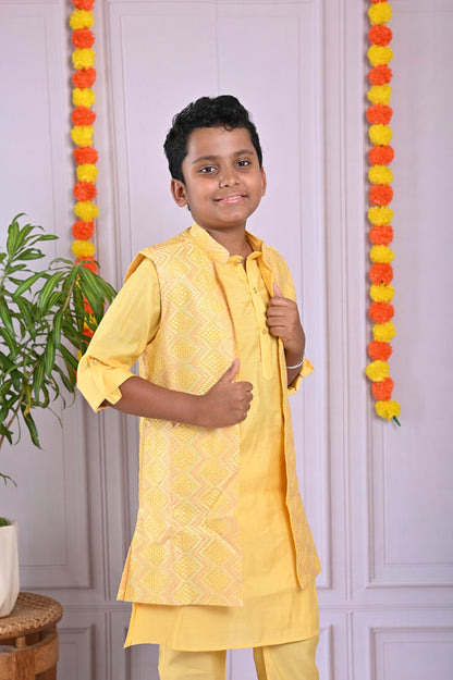 Sunshine Style – Boys’ Yellow Kurta & Jacket Set