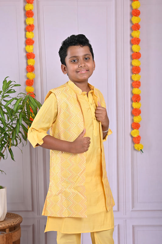 Sunshine Style – Boys’ Yellow Kurta & Jacket Set