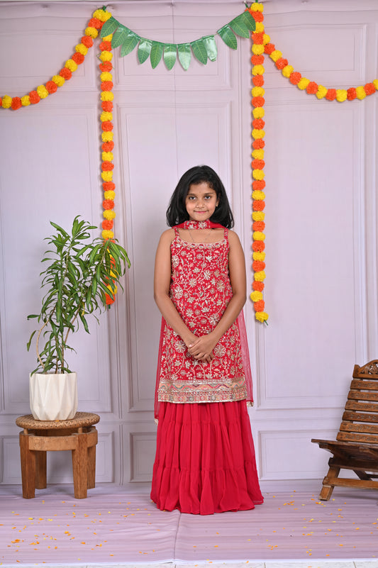 Cherry Red Embroidered Palazzo Set